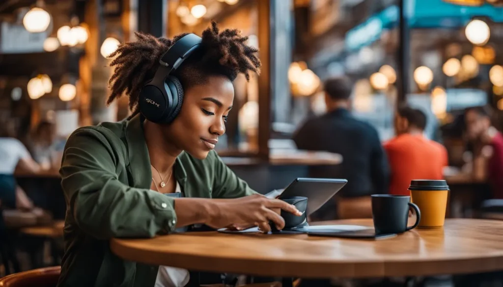 A person studying in a busy coffee shop wearing Sony headphones.