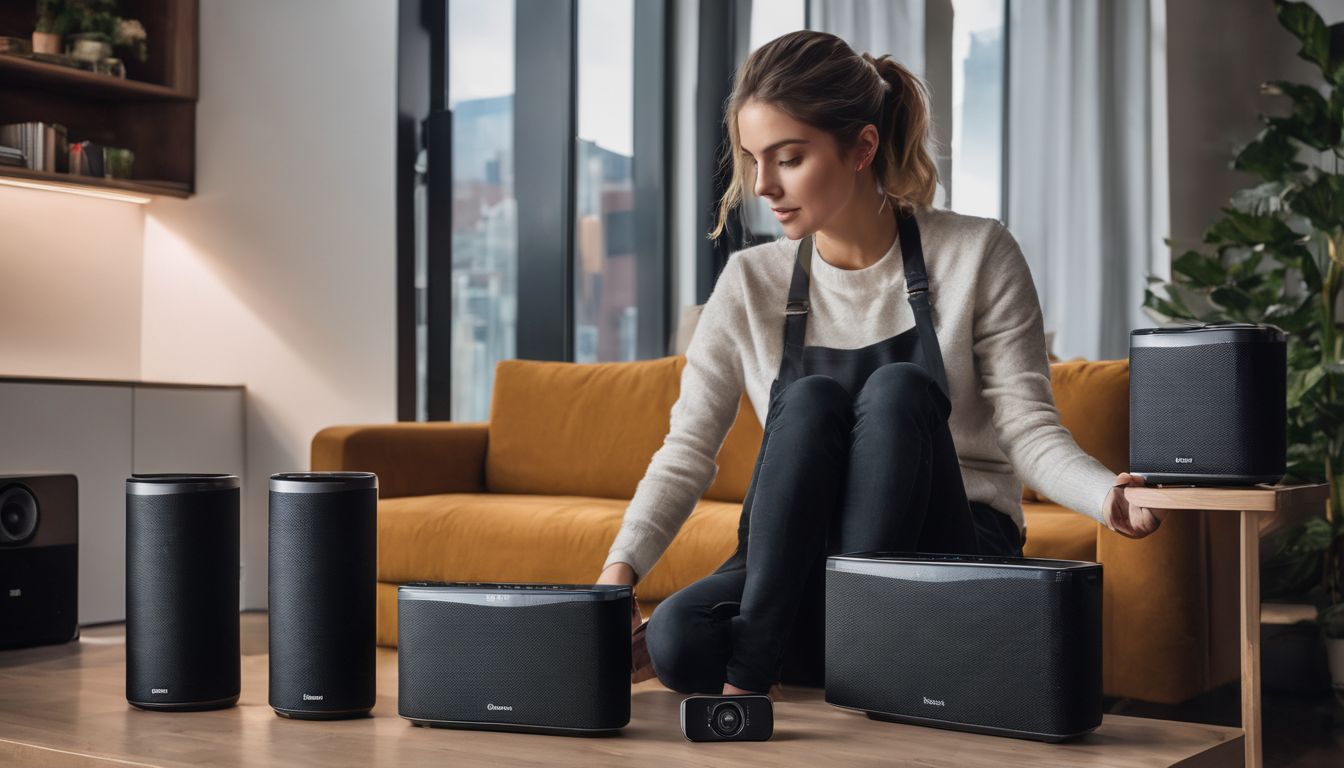 A person setting up multiple Bluetooth speakers in a modern living room.