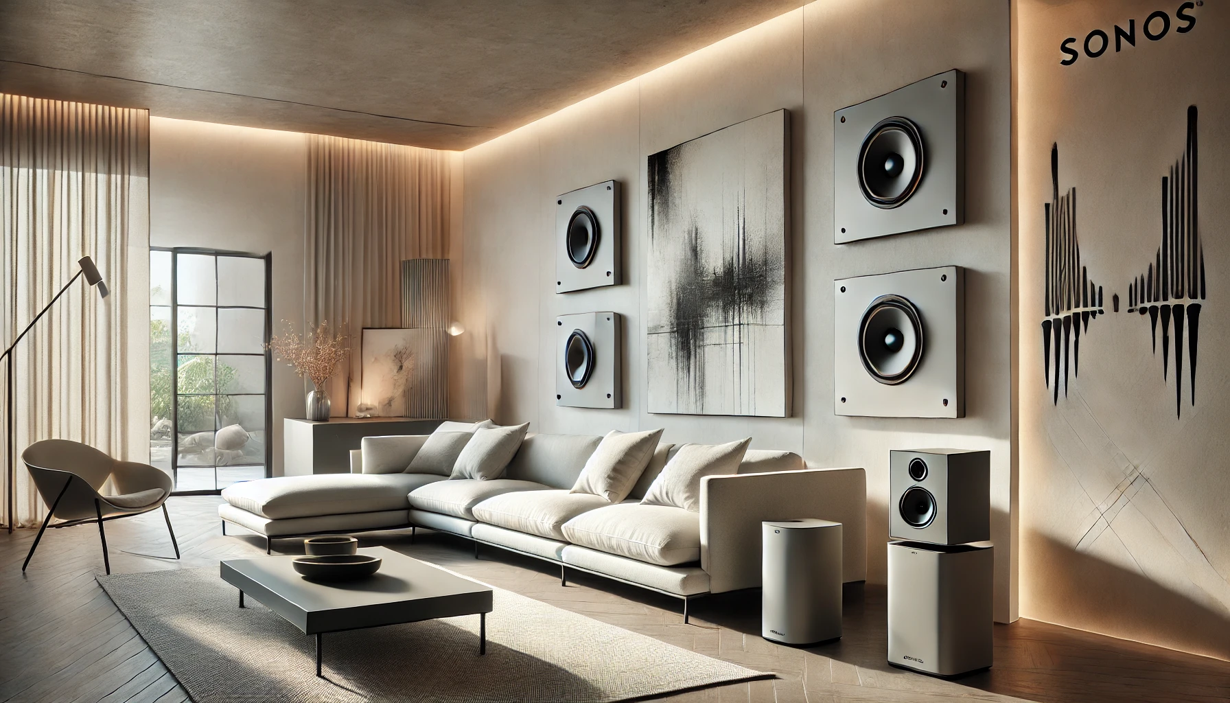 DALL·E 2024-12-29 12.06.03 - An artistic and modern home interior showcasing a sleek and stylish living room with wall-mounted Sonos architectural speakers. The design emphasizes